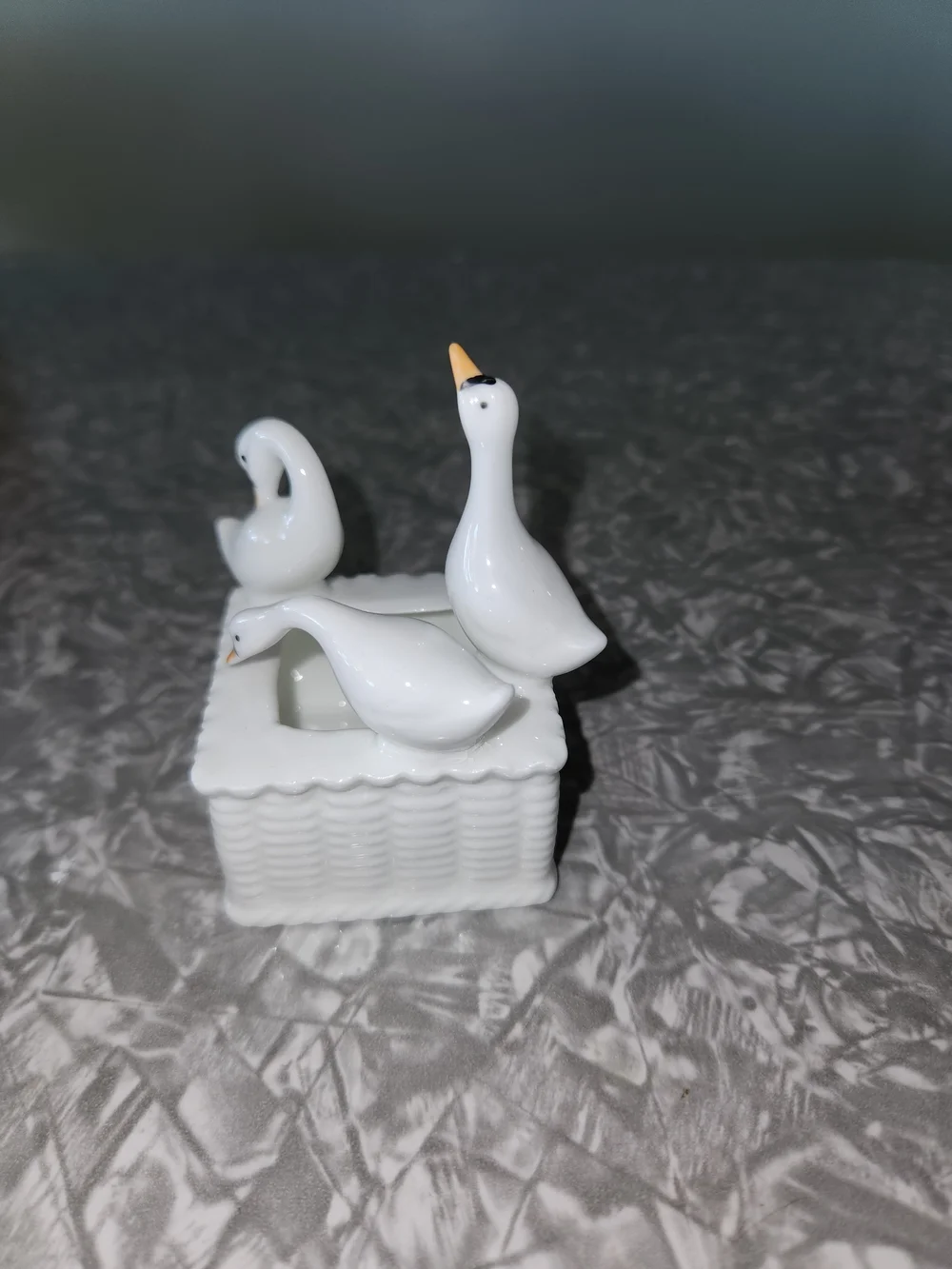 White Ceramic Goose Trinket Holder with Three Decorative Geese